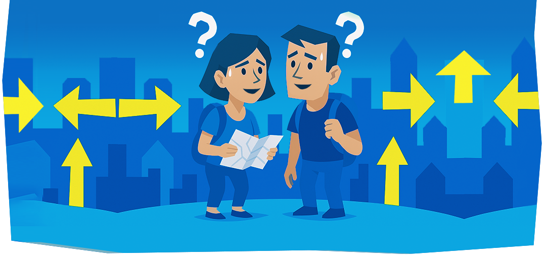 Een vrouw en een man die verdwaald zijn in een stad